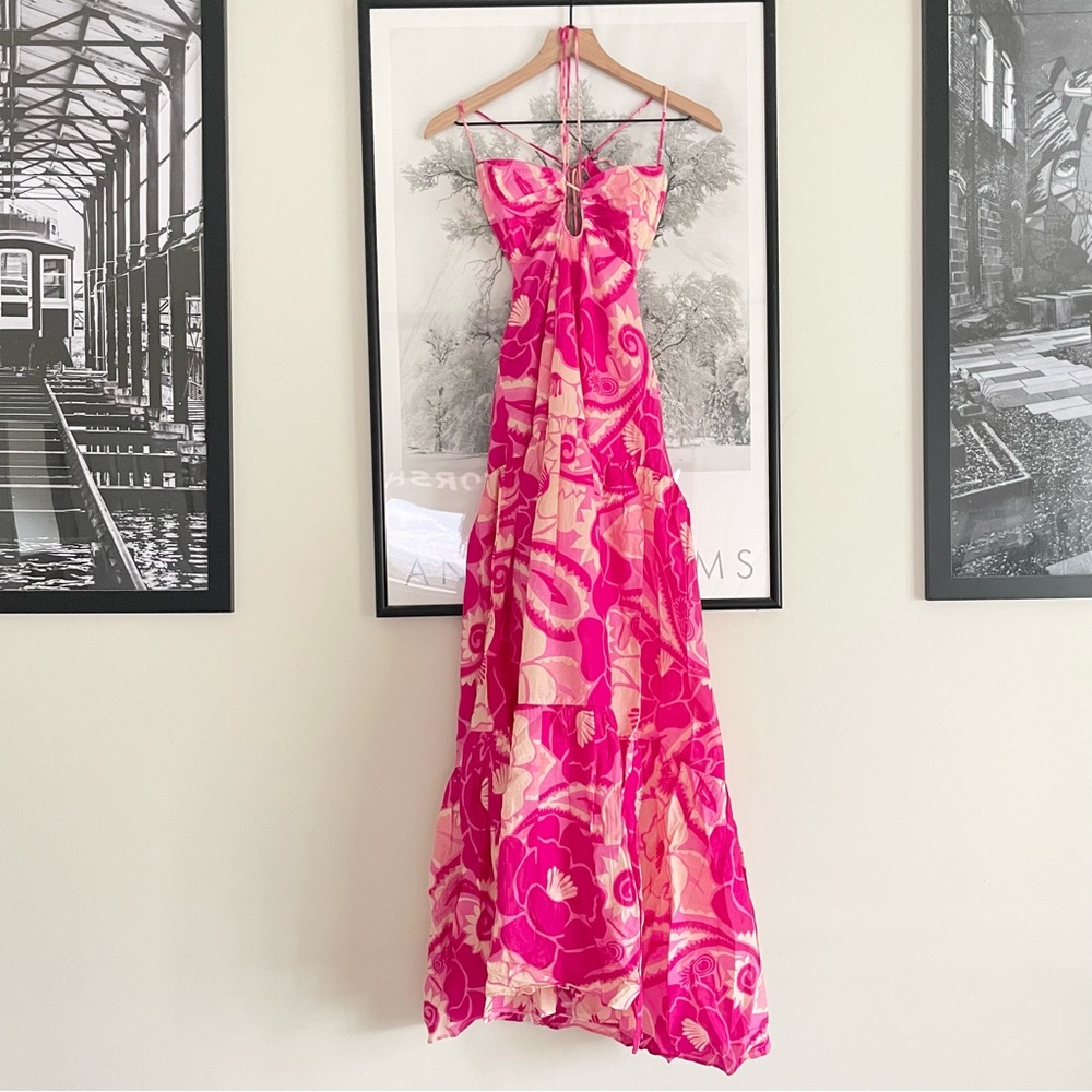 Farm Rio Tropical Groove Pink Maxi Dress Large Cutout Halter NWT - Picture 8 of 16